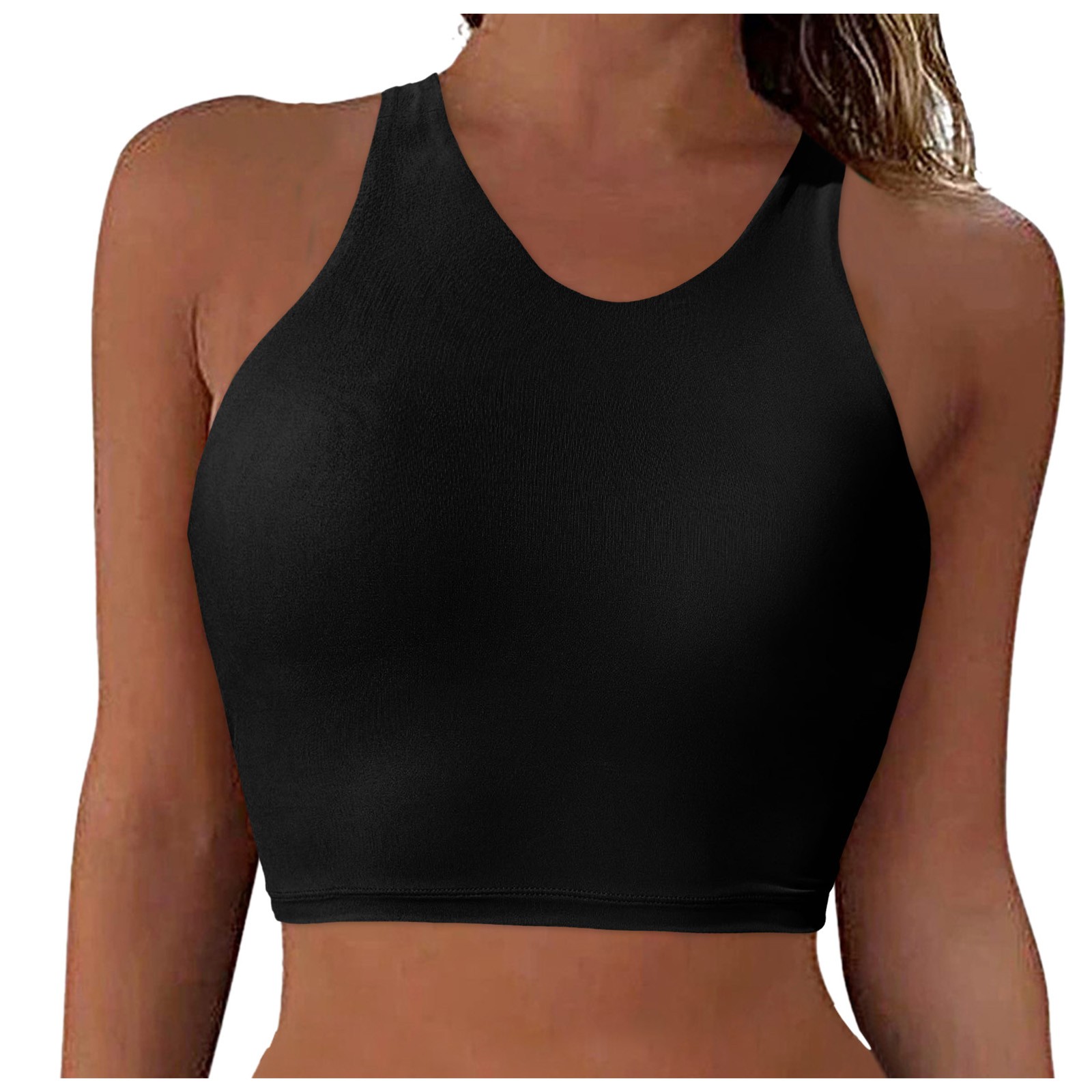 Sopiago Racerback Swim Top Bikini Tops for Women Ruched Cropped Tankini Tops Beach Adjustable Straps Bathing Suit Padded Swimwear Top Only Black,M